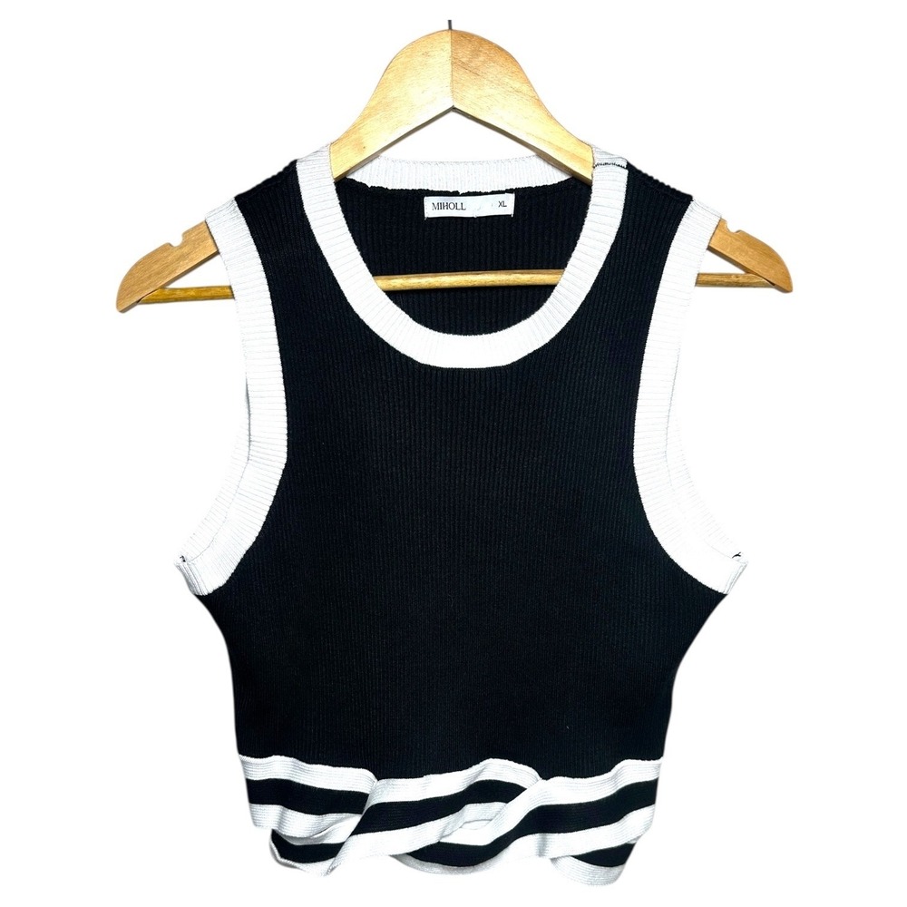 MIHOLL Black White Striped Trim Ribbed Knit Crop Tank Top‎ Womens XL